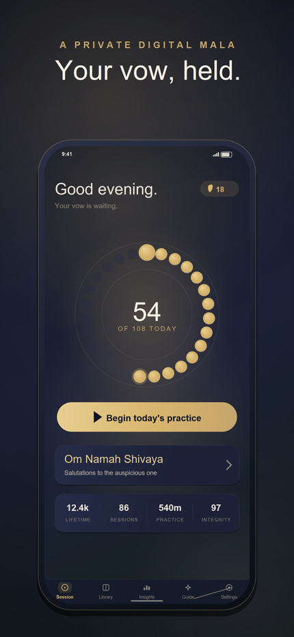The MantraMind home screen showing a vow in progress, today's target, and lifetime practice total