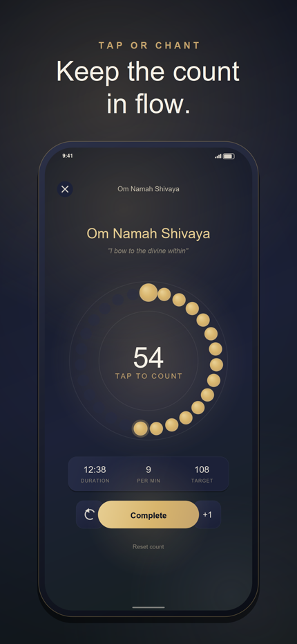 The MantraMind practice screen showing a mala ring partway through a session